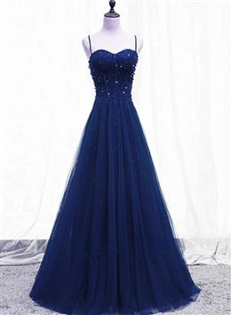 Picture of Blue Beaded Straps A-line Tulle New Prom Dresses Party Dresses, Blue Floor Length Party Dresses